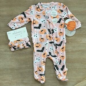 🎃 Milkberry Baby Girl Bamboo Footie Headband Pink Halloween 0-3 3-6 6-9 months